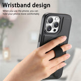 iPhone 16 Pro Hard Plast Deksel m. Kunstskinn Bakside & Fingerrem - MagSafe Kompatibel - Svart