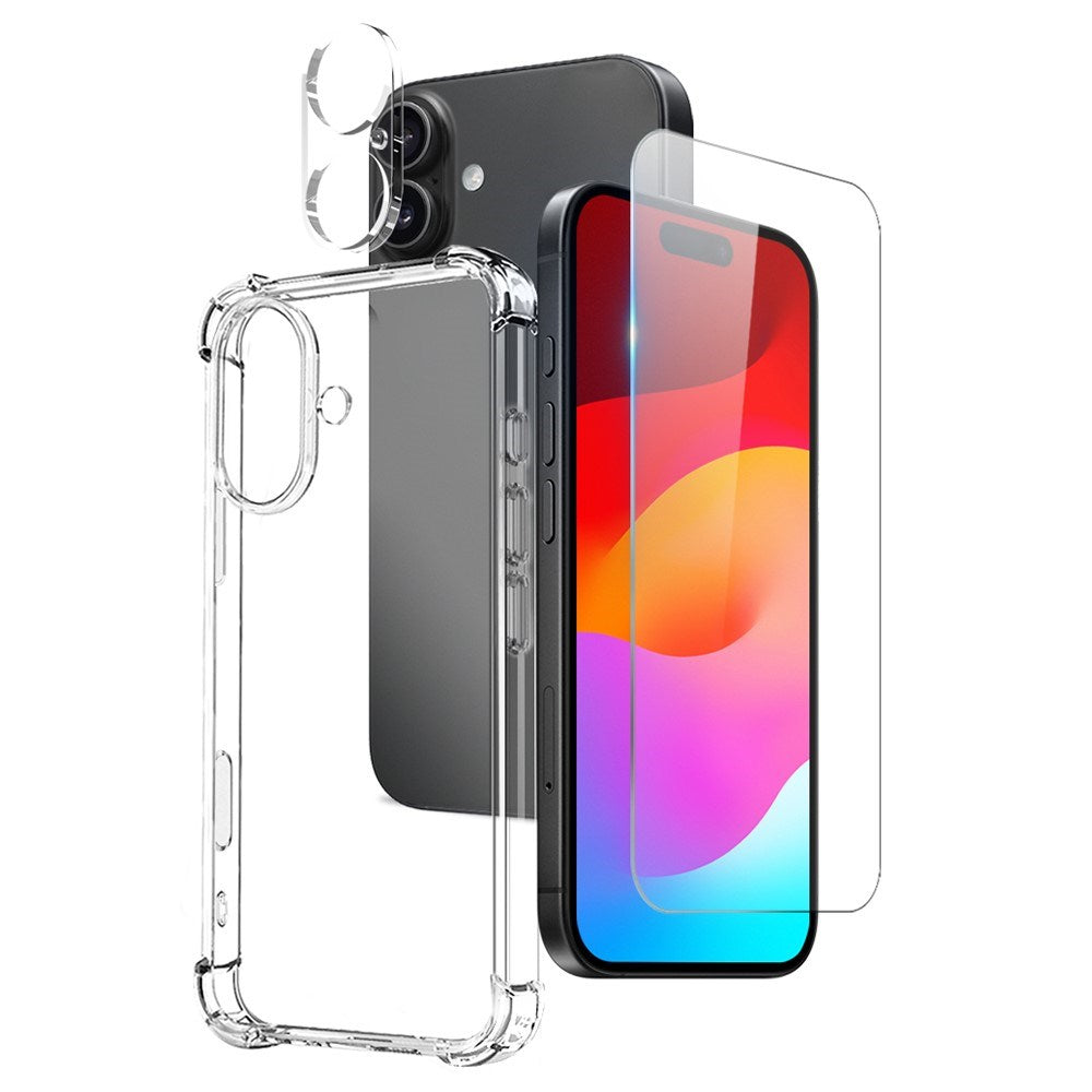 NORTHJO iPhone 17 3-i-1 Beskyttelsessett m. Støtabsorberende Fleksibelt Plast Deksel / Herdet Skjermbeskyttelsesglass / Kameralinsebeskytterglass - Gjennomsiktig