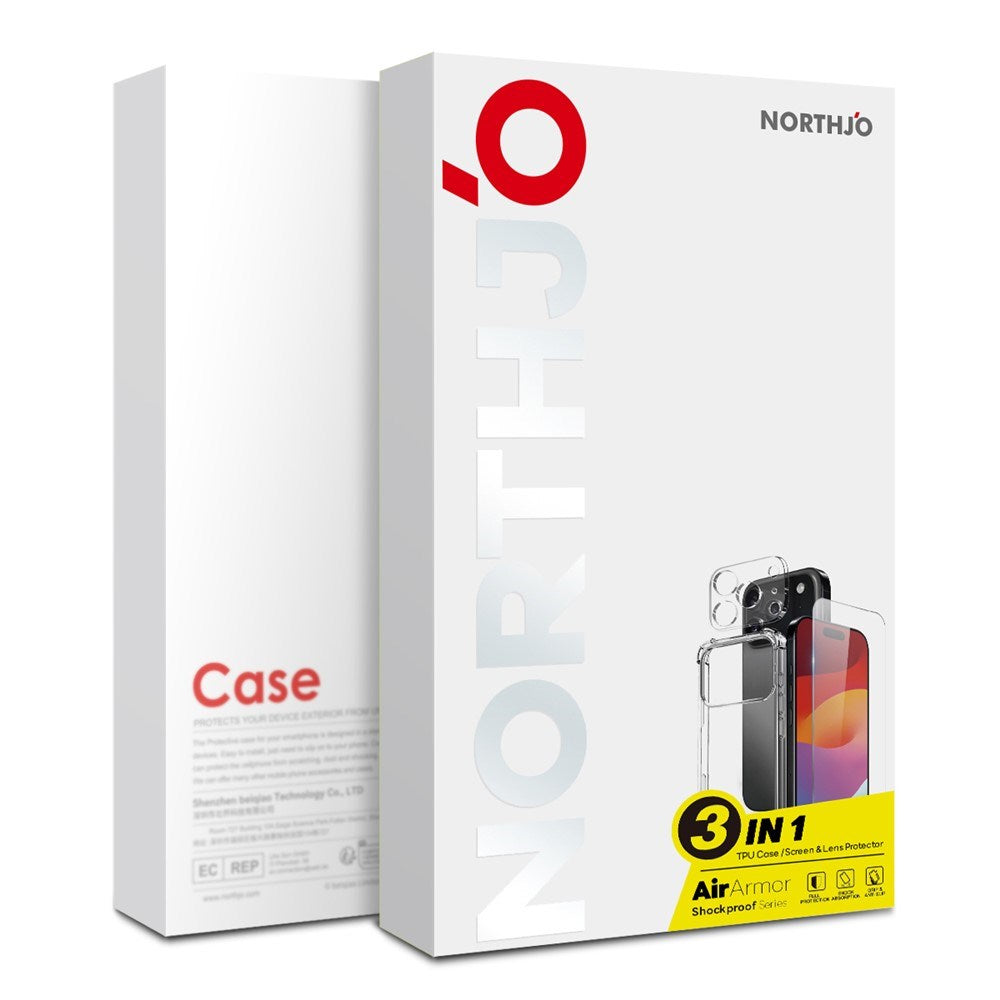 NORTHJO iPhone 17 Pro 3-i-1 Beskyttelsessett m. Støtabsorberende Fleksibelt Plast Deksel / Herdet Skjermbeskyttelsesglass / Kameralinsebeskytterglass - Gjennomsiktig