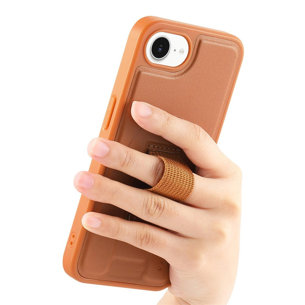 iPhone 16e Hard Plast Deksel m. Kunstskinn Bakside & Fingerrem - MagSafe Kompatibel - Brun