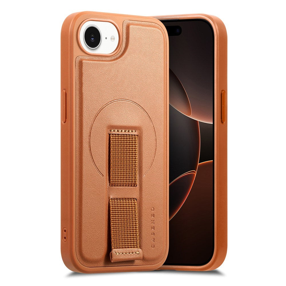 iPhone 16e Hard Plast Deksel m. Kunstskinn Bakside & Fingerrem - MagSafe Kompatibel - Brun