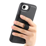 iPhone 16e Hard Plast Deksel m. Kunstskinn Bakside & Fingerrem - MagSafe Kompatibel - Svart