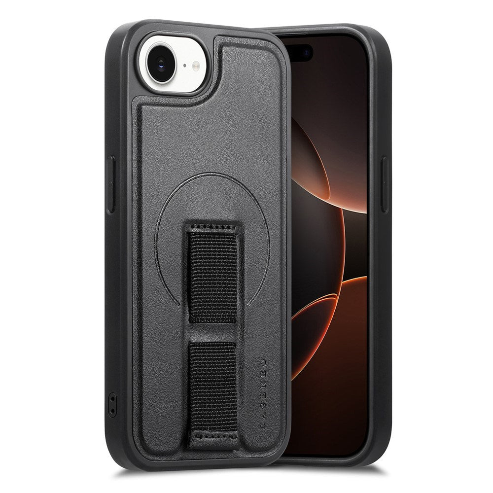 iPhone 16e Hard Plast Deksel m. Kunstskinn Bakside & Fingerrem - MagSafe Kompatibel - Svart