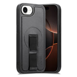 iPhone 16e Hard Plast Deksel m. Kunstskinn Bakside & Fingerrem - MagSafe Kompatibel - Svart