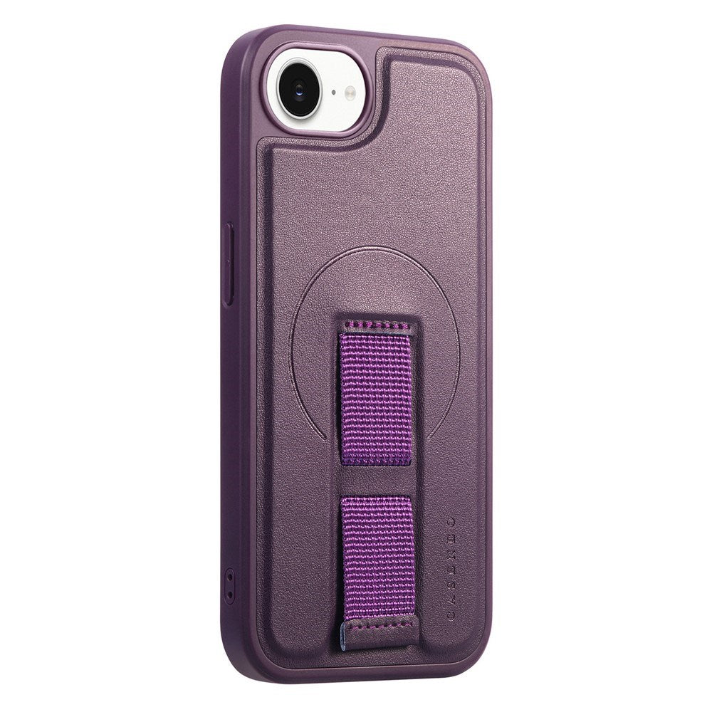 iPhone 17e / 16e Hard Plast Deksel m. Kunstskinn Bakside & Fingerrem - MagSafe Kompatibel - Lilla