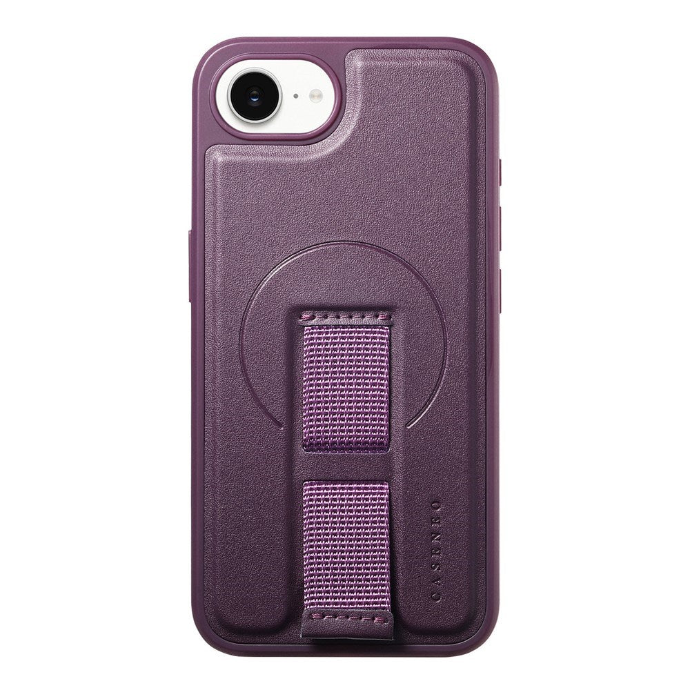 iPhone 17e / 16e Hard Plast Deksel m. Kunstskinn Bakside & Fingerrem - MagSafe Kompatibel - Lilla