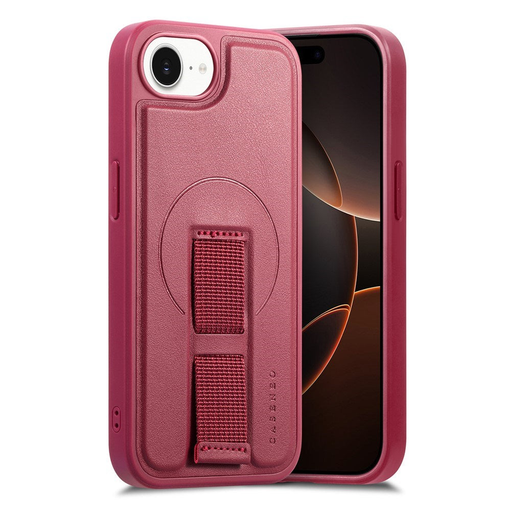 iPhone 16e Hard Plast Deksel m. Kunstskinn Bakside & Fingerrem - MagSafe Kompatibel - Rød