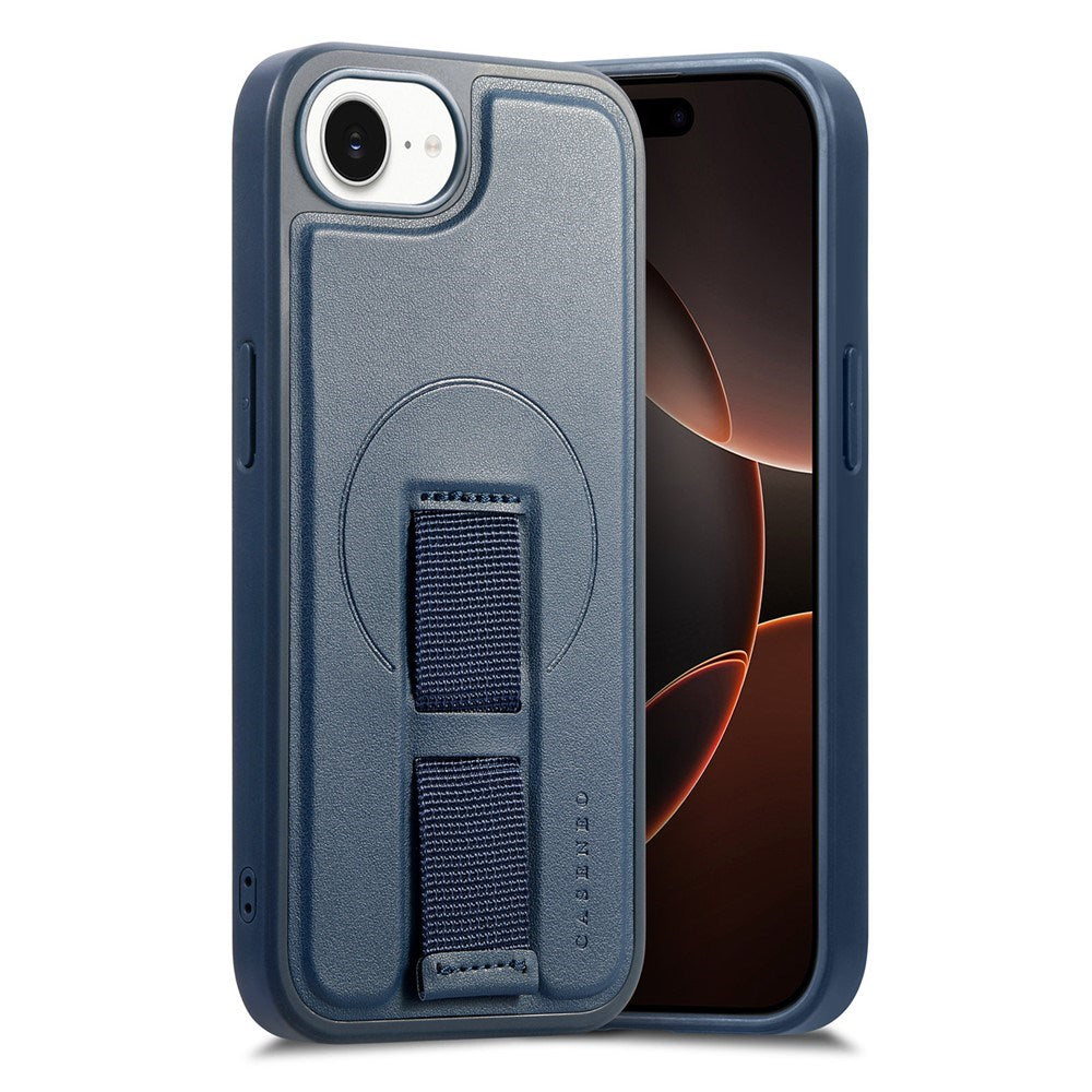 iPhone 16e Hard Plast Deksel m. Kunstskinn Bakside & Fingerrem - MagSafe Kompatibel - Blå