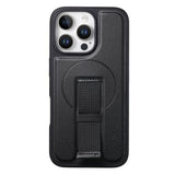 iPhone 13 Pro Hard Plast Deksel m. Kunstskinn Bakside & Fingerrem - MagSafe Kompatibel - Svart