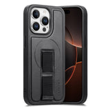 iPhone 13 Pro Hard Plast Deksel m. Kunstskinn Bakside & Fingerrem - MagSafe Kompatibel - Svart