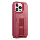 iPhone 13 Pro Hard Plast Deksel m. Kunstskinn Bakside & Fingerrem - MagSafe Kompatibel - Rød