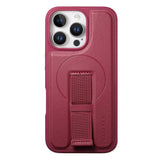 iPhone 13 Pro Hard Plast Deksel m. Kunstskinn Bakside & Fingerrem - MagSafe Kompatibel - Rød