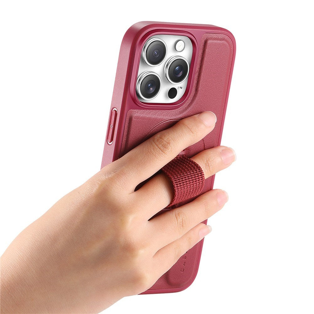 iPhone 13 Pro Hard Plast Deksel m. Kunstskinn Bakside & Fingerrem - MagSafe Kompatibel - Rød