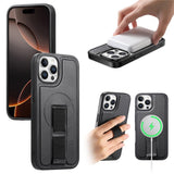 iPhone 12 / 12 Pro Hard Plast Deksel m. Kunstskinn Bakside & Fingerrem - MagSafe Kompatibel - Svart