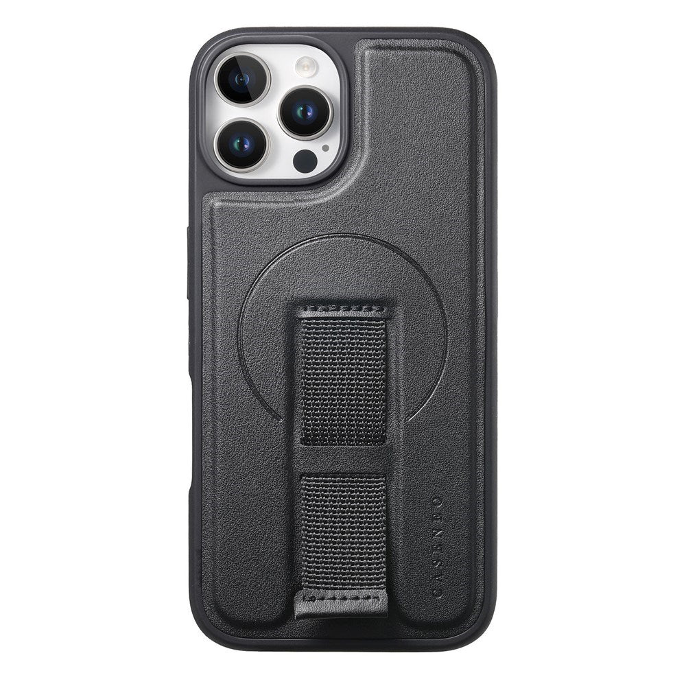 iPhone 12 / 12 Pro Hard Plast Deksel m. Kunstskinn Bakside & Fingerrem - MagSafe Kompatibel - Svart