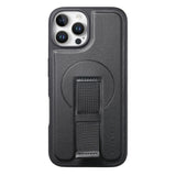 iPhone 12 / 12 Pro Hard Plast Deksel m. Kunstskinn Bakside & Fingerrem - MagSafe Kompatibel - Svart