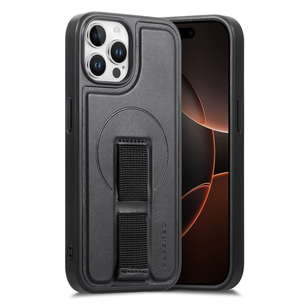 iPhone 12 / 12 Pro Hard Plast Deksel m. Kunstskinn Bakside & Fingerrem - MagSafe Kompatibel - Svart