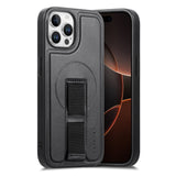 iPhone 12 / 12 Pro Hard Plast Deksel m. Kunstskinn Bakside & Fingerrem - MagSafe Kompatibel - Svart