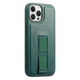 iPhone 12 / 12 Pro Hard Plast Deksel m. Kunstskinn Bakside & Fingerrem - MagSafe Kompatibel - Grønn