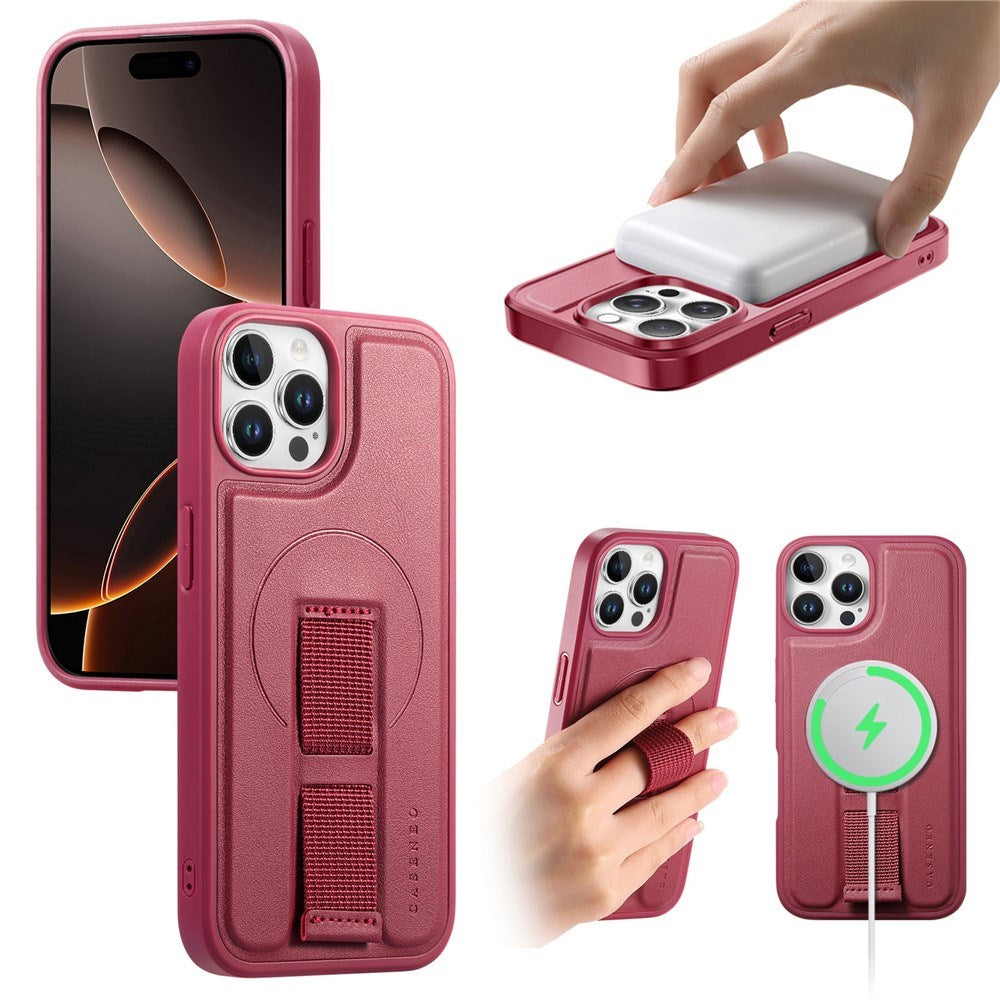 iPhone 12 / 12 Pro Hard Plast Deksel m. Kunstskinn Bakside & Fingerrem - MagSafe Kompatibel - Rød