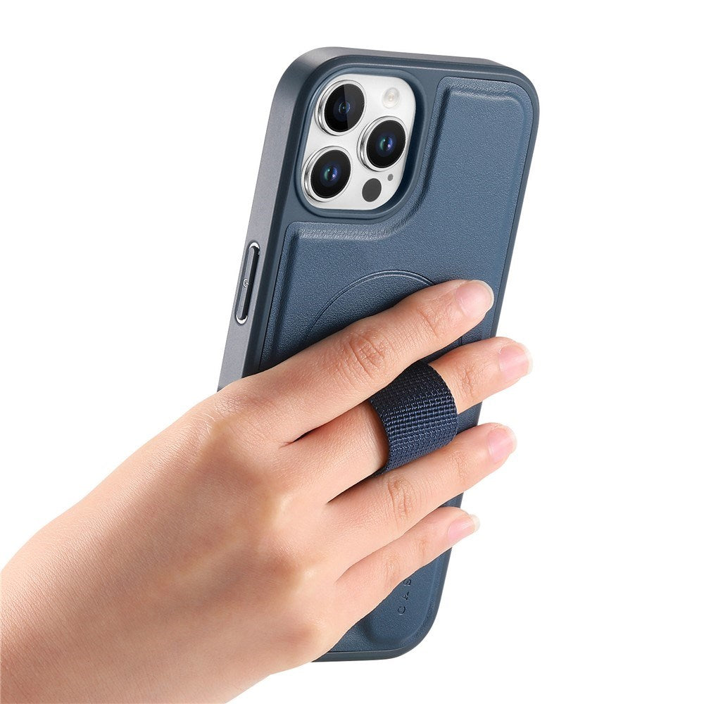 iPhone 12 / 12 Pro Hard Plast Deksel m. Kunstskinn Bakside & Fingerrem - MagSafe Kompatibel - Blå