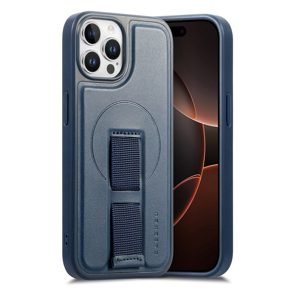 iPhone 12 / 12 Pro Hard Plast Deksel m. Kunstskinn Bakside & Fingerrem - MagSafe Kompatibel - Blå