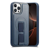 iPhone 12 / 12 Pro Hard Plast Deksel m. Kunstskinn Bakside & Fingerrem - MagSafe Kompatibel - Blå