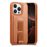 iPhone 14 Pro Hard Plast Deksel m. Kunstskinn Bakside & Fingerrem - MagSafe Kompatibel - Brun