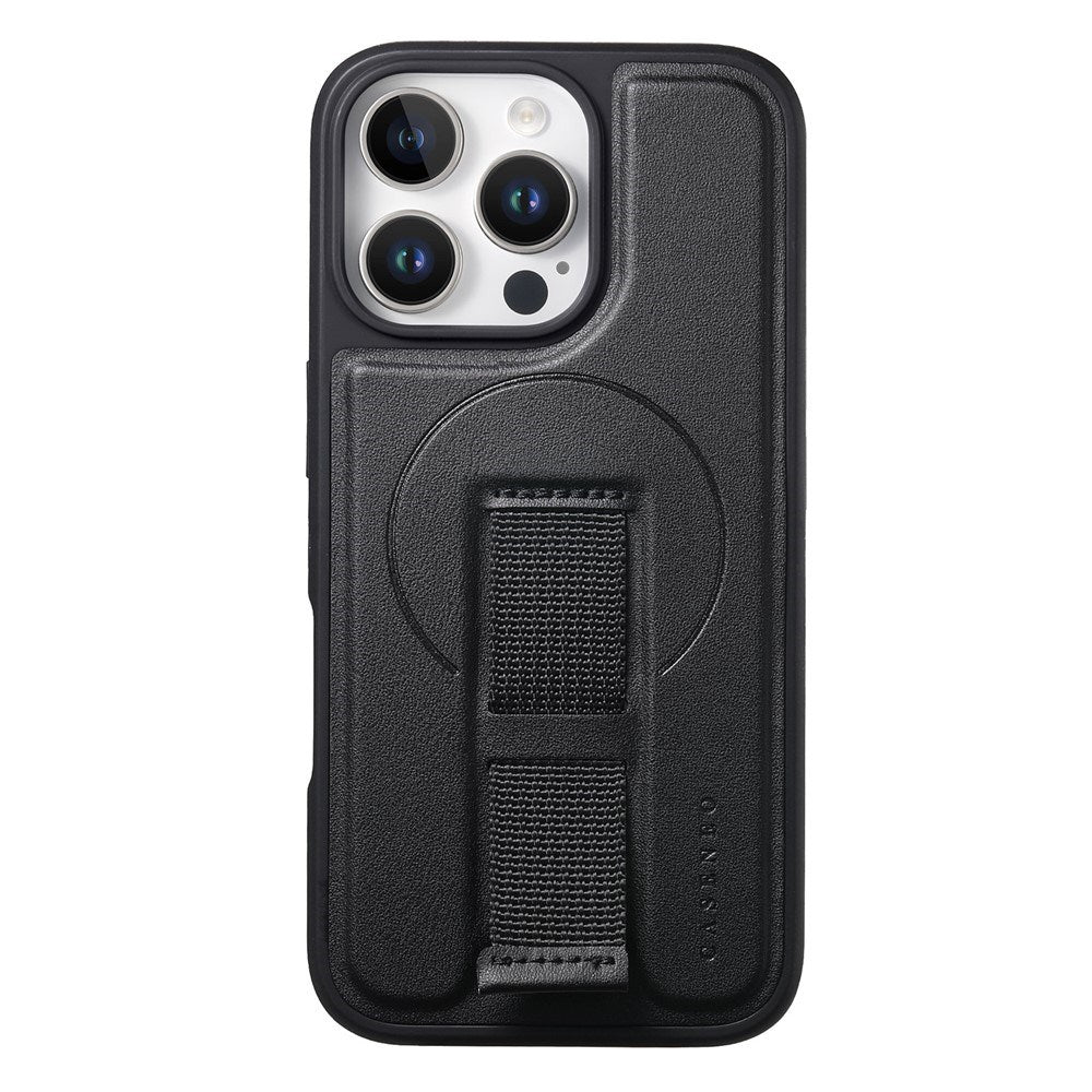 iPhone 14 Pro Hard Plast Deksel m. Kunstskinn Bakside & Fingerrem - MagSafe Kompatibel - Svart