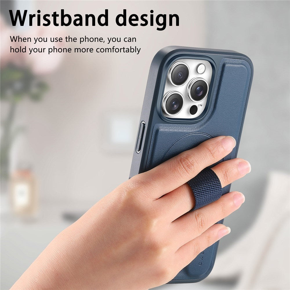 iPhone 14 Pro Hard Plast Deksel m. Kunstskinn Bakside & Fingerrem - MagSafe Kompatibel - Blå