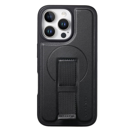 iPhone 15 Pro Hard Plast Deksel m. Kunstskinn Bakside & Fingerrem - MagSafe Kompatibel - Svart