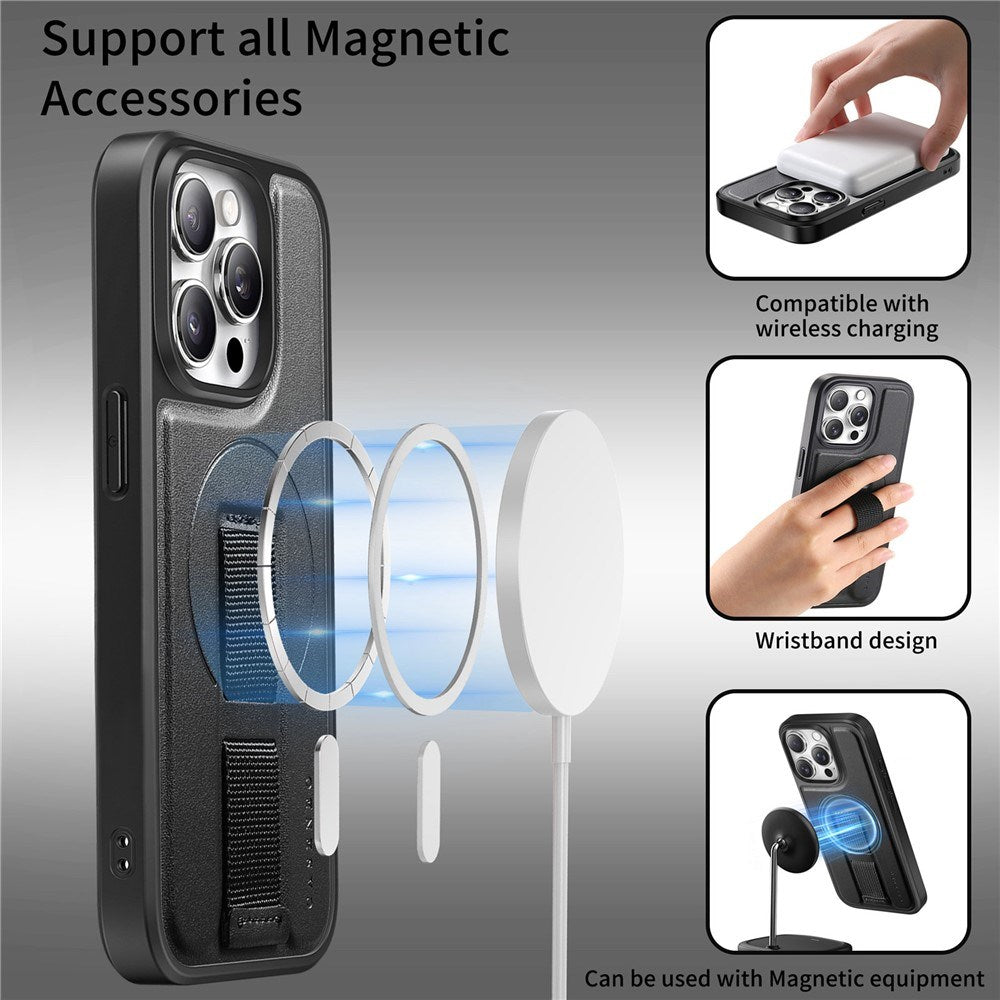 iPhone 15 Pro Hard Plast Deksel m. Kunstskinn Bakside & Fingerrem - MagSafe Kompatibel - Svart