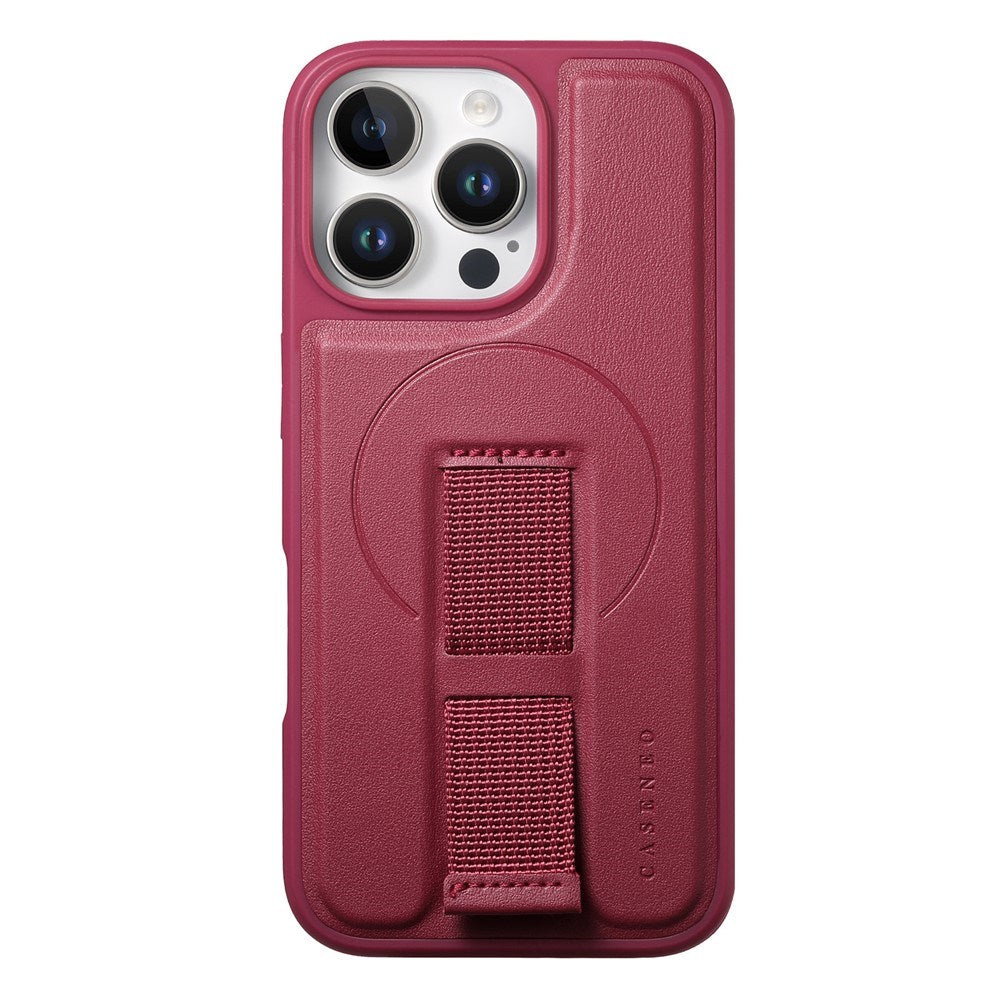 iPhone 15 Pro Hard Plast Deksel m. Kunstskinn Bakside & Fingerrem - MagSafe Kompatibel - Rød