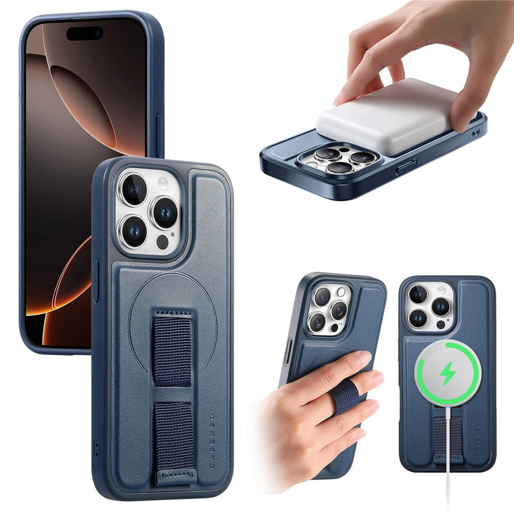 iPhone 15 Pro Hard Plast Deksel m. Kunstskinn Bakside & Fingerrem - MagSafe Kompatibel - Blå