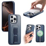 iPhone 15 Pro Hard Plast Deksel m. Kunstskinn Bakside & Fingerrem - MagSafe Kompatibel - Blå