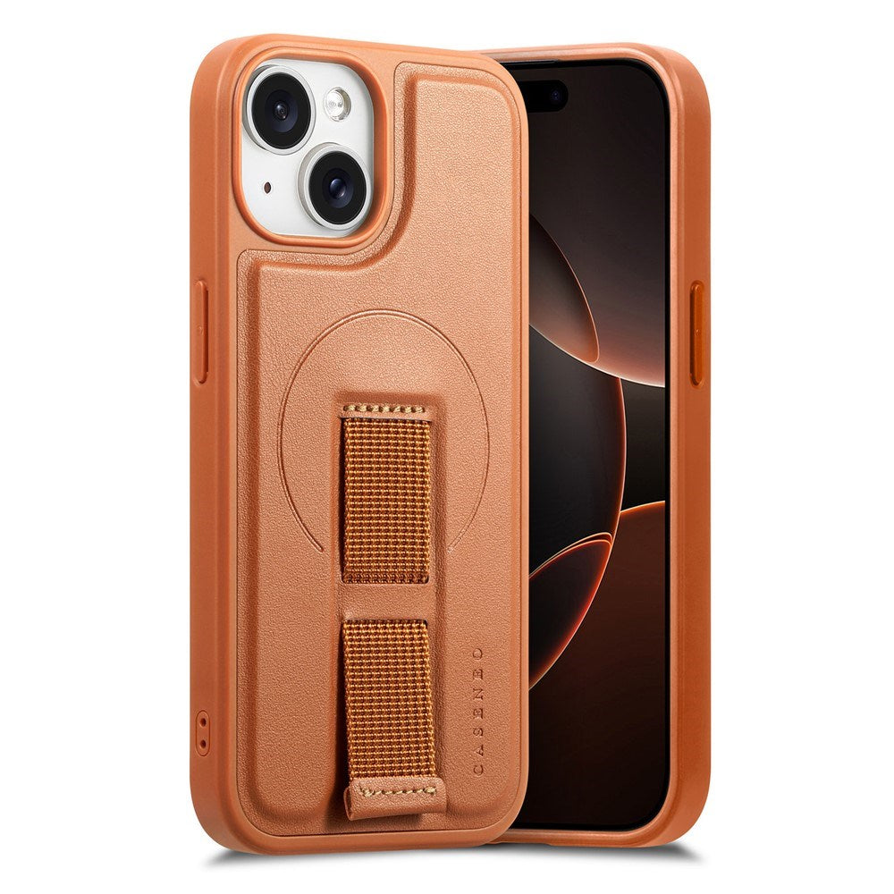 iPhone 15 Hard Plast Deksel m. Kunstskinn Bakside & Fingerrem - MagSafe Kompatibel - Brun