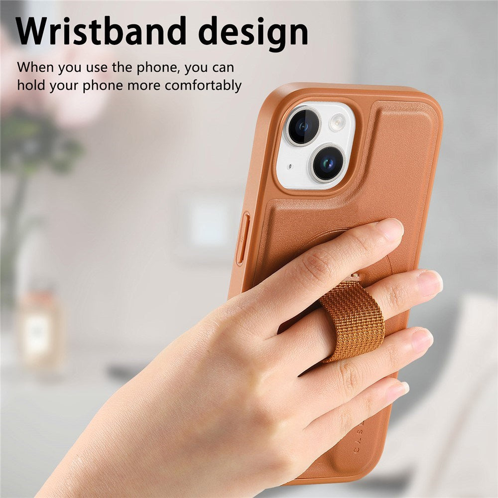 iPhone 15 Hard Plast Deksel m. Kunstskinn Bakside & Fingerrem - MagSafe Kompatibel - Brun