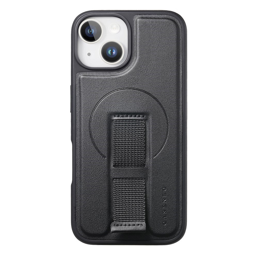 iPhone 15 Hard Plast Deksel m. Kunstskinn Bakside & Fingerrem - MagSafe Kompatibel - Svart