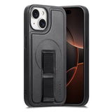 iPhone 15 Hard Plast Deksel m. Kunstskinn Bakside & Fingerrem - MagSafe Kompatibel - Svart