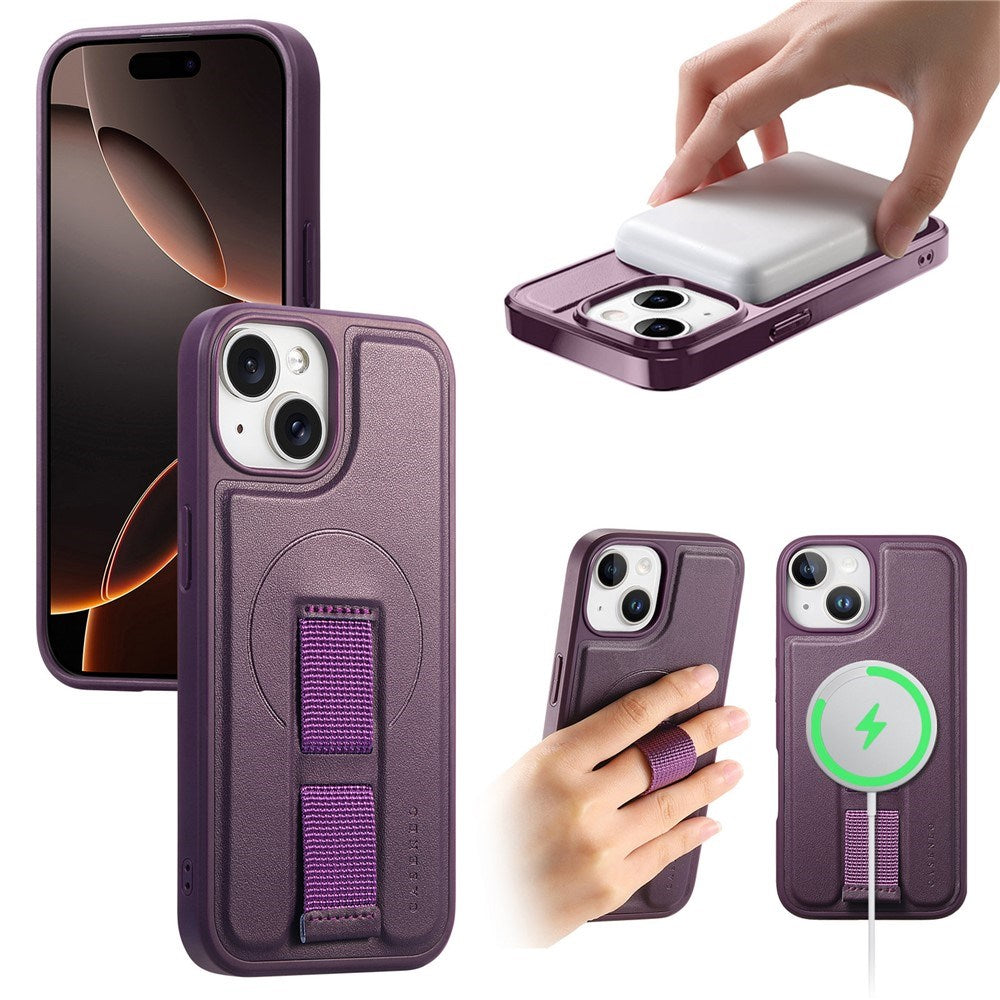 iPhone 15 Hard Plast Deksel m. Kunstskinn Bakside & Fingerrem - MagSafe Kompatibel - Lilla