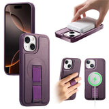 iPhone 15 Hard Plast Deksel m. Kunstskinn Bakside & Fingerrem - MagSafe Kompatibel - Lilla