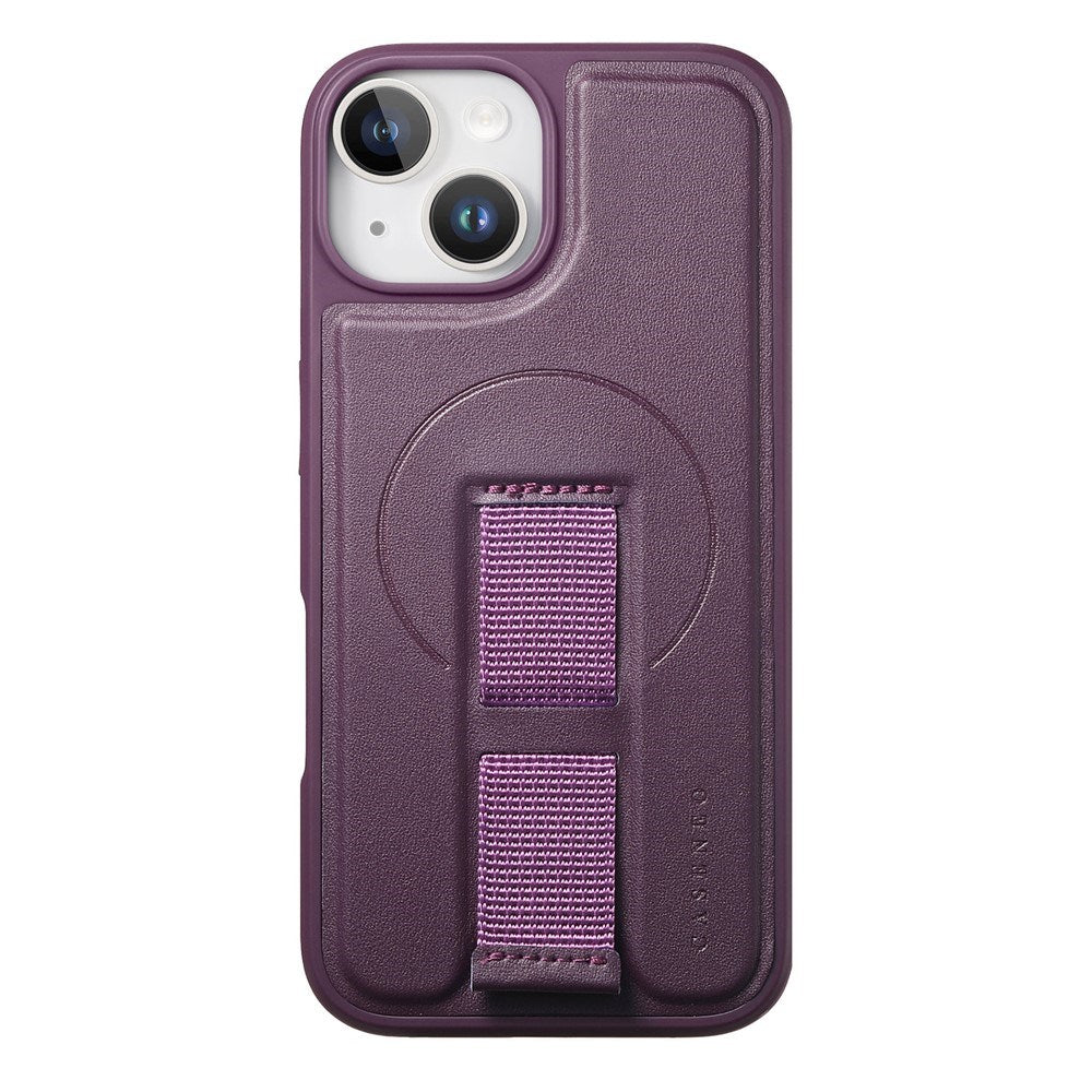 iPhone 15 Hard Plast Deksel m. Kunstskinn Bakside & Fingerrem - MagSafe Kompatibel - Lilla