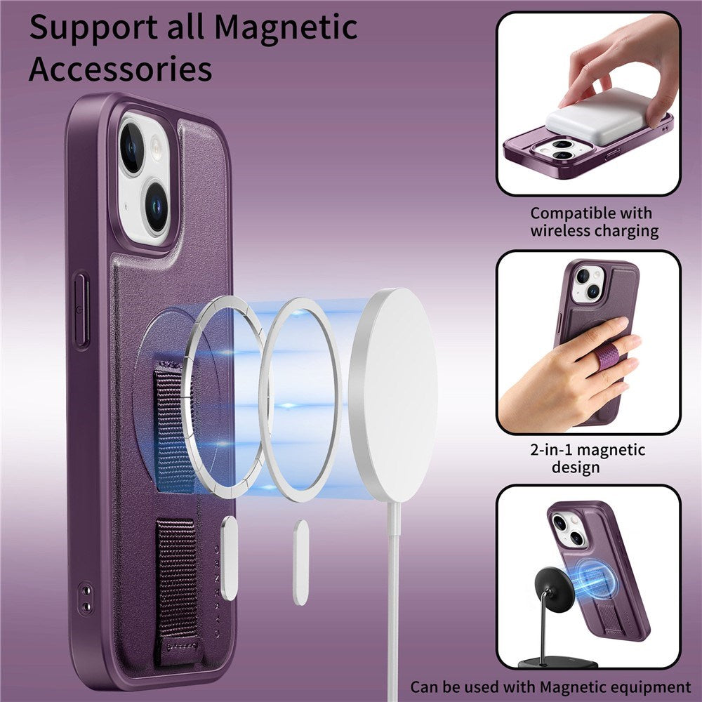 iPhone 15 Hard Plast Deksel m. Kunstskinn Bakside & Fingerrem - MagSafe Kompatibel - Lilla