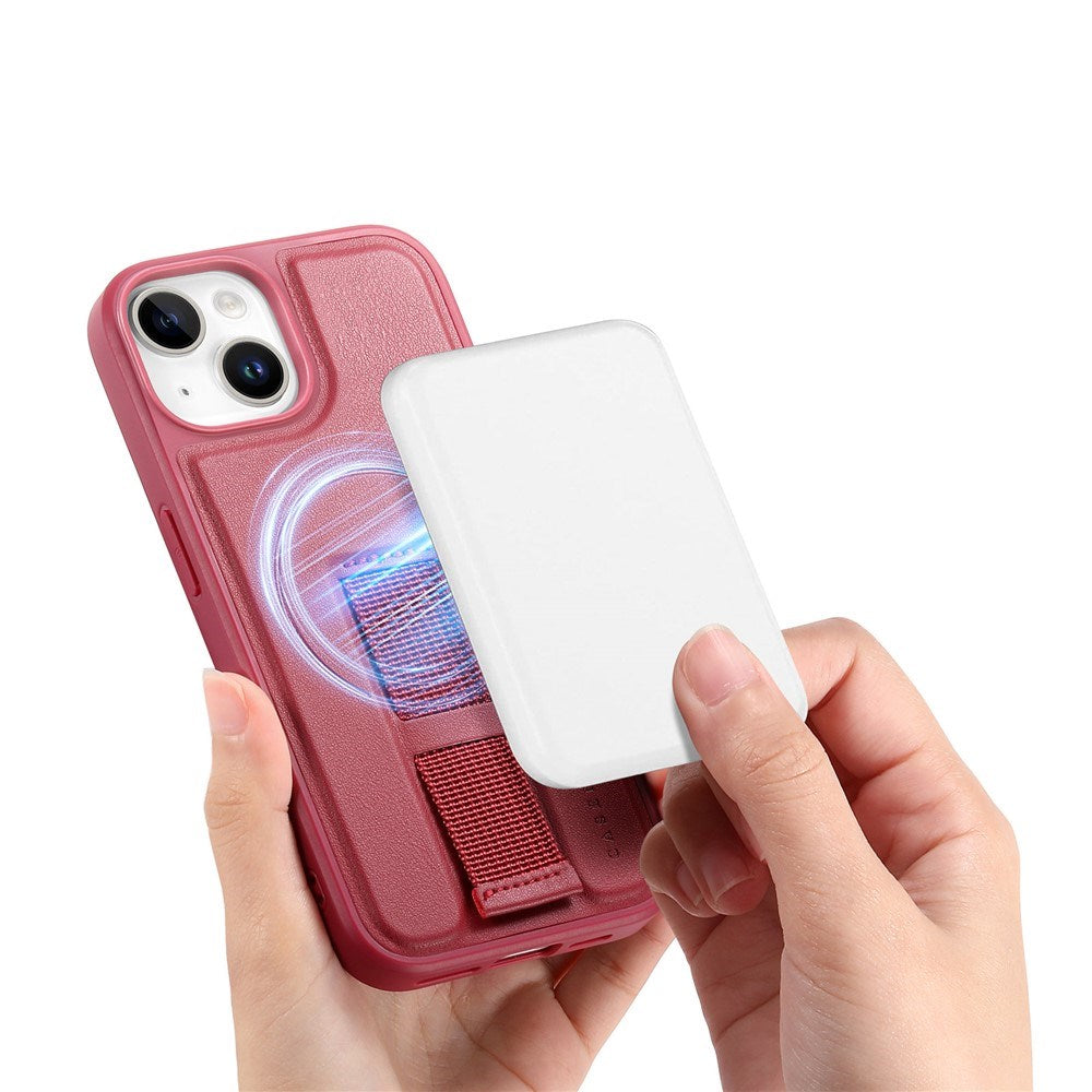 iPhone 15 Hard Plast Deksel m. Kunstskinn Bakside & Fingerrem - MagSafe Kompatibel - Rød