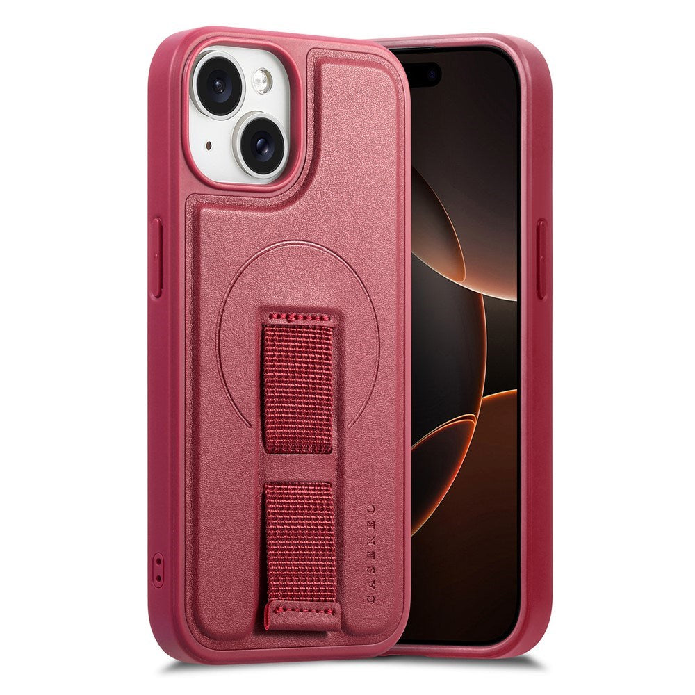 iPhone 15 Hard Plast Deksel m. Kunstskinn Bakside & Fingerrem - MagSafe Kompatibel - Rød