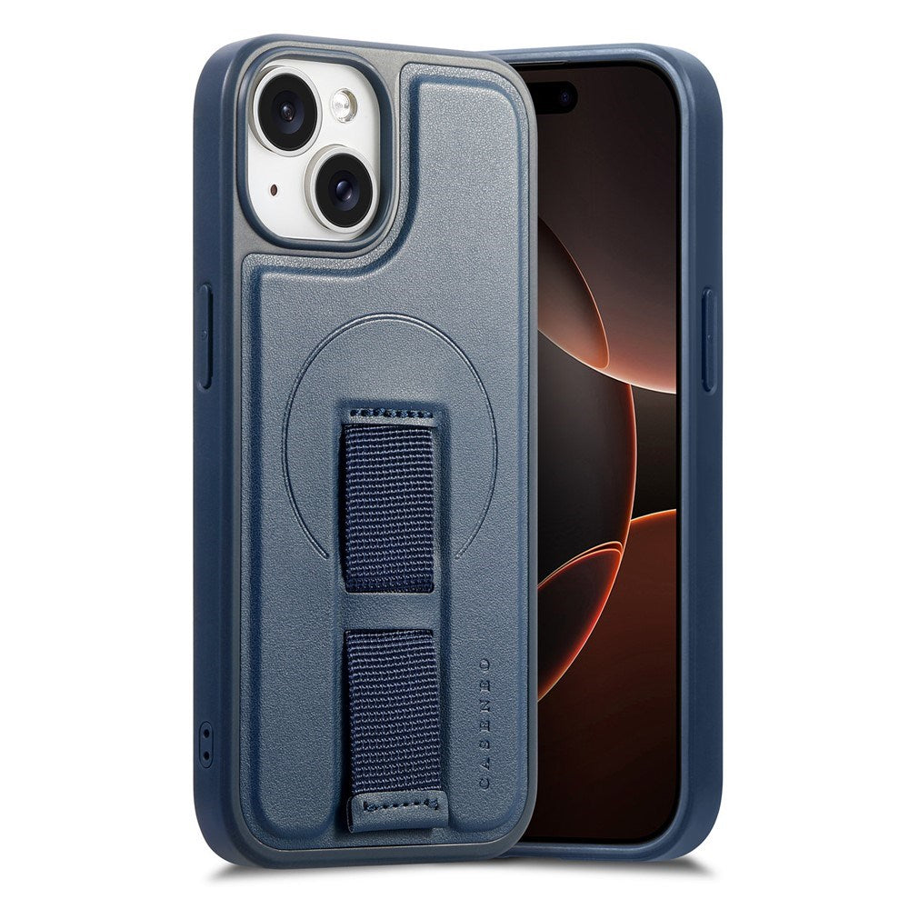 iPhone 15 Hard Plast Deksel m. Kunstskinn Bakside & Fingerrem - MagSafe Kompatibel - Blå