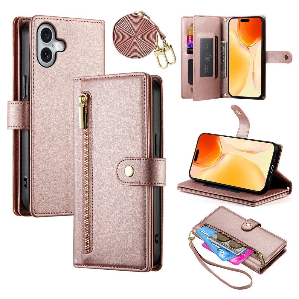 EIDERWOOD iPhone 17 Flip Deksel med Kortholder / Glidelåslomme / Stropp - Rose Gold