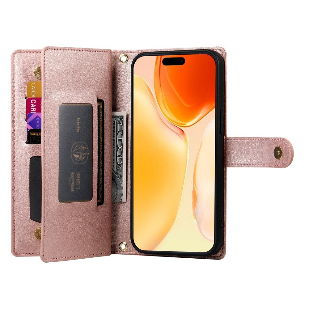 EIDERWOOD iPhone 17 Flip Deksel med Kortholder / Glidelåslomme / Stropp - Rose Gold