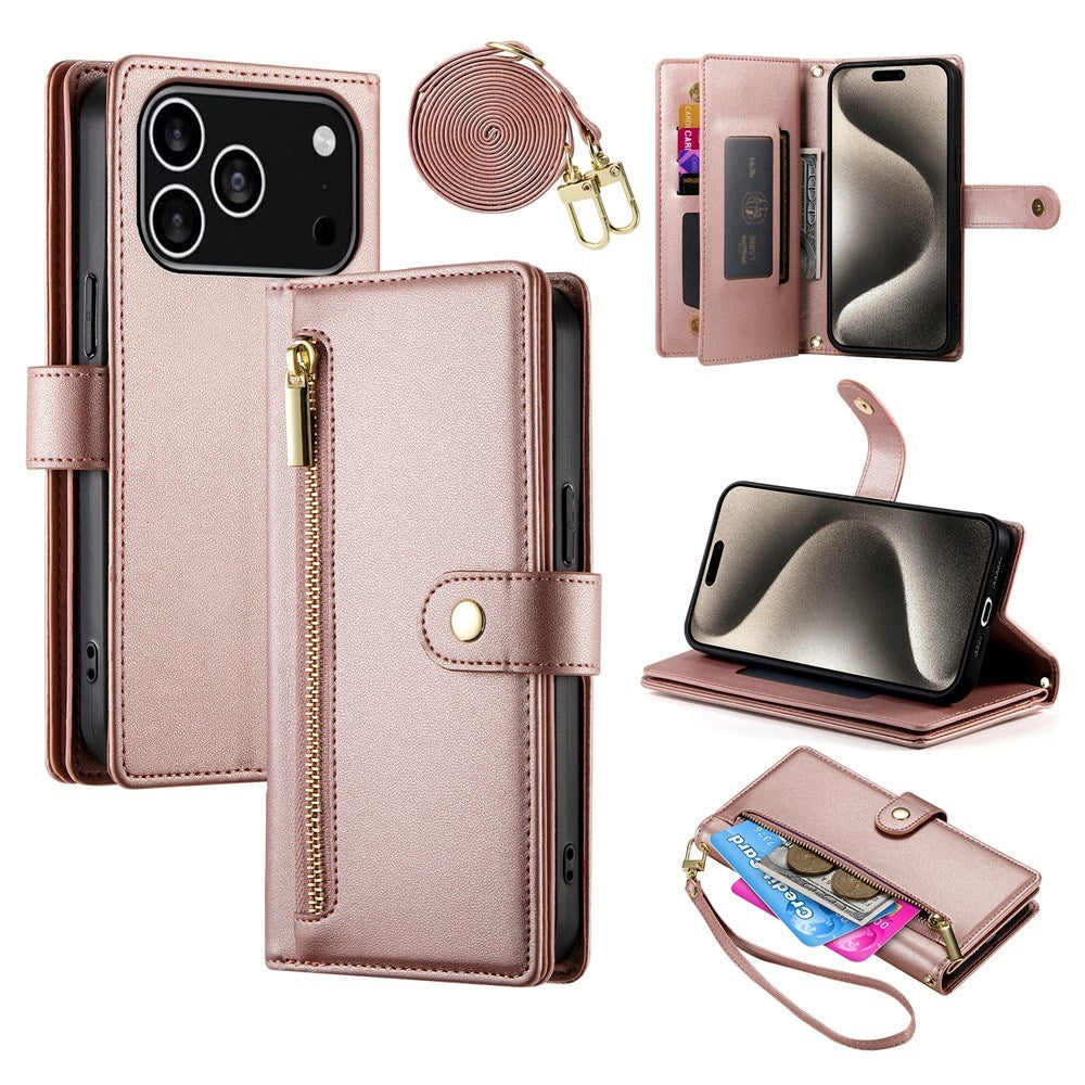 EIDERWOOD iPhone 17 Pro Flip Deksel med Kortholder / Glidelåslomme / Stropp - Rose Gold