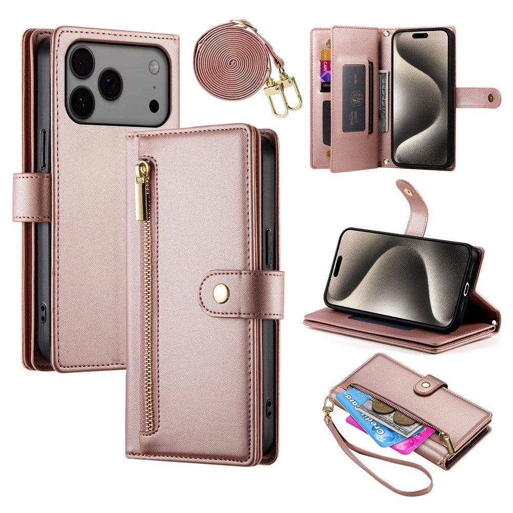 EIDERWOOD iPhone 17 Pro Max Flip Deksel med Kortholder / Glidelåslomme / Stropp - Rose Gold